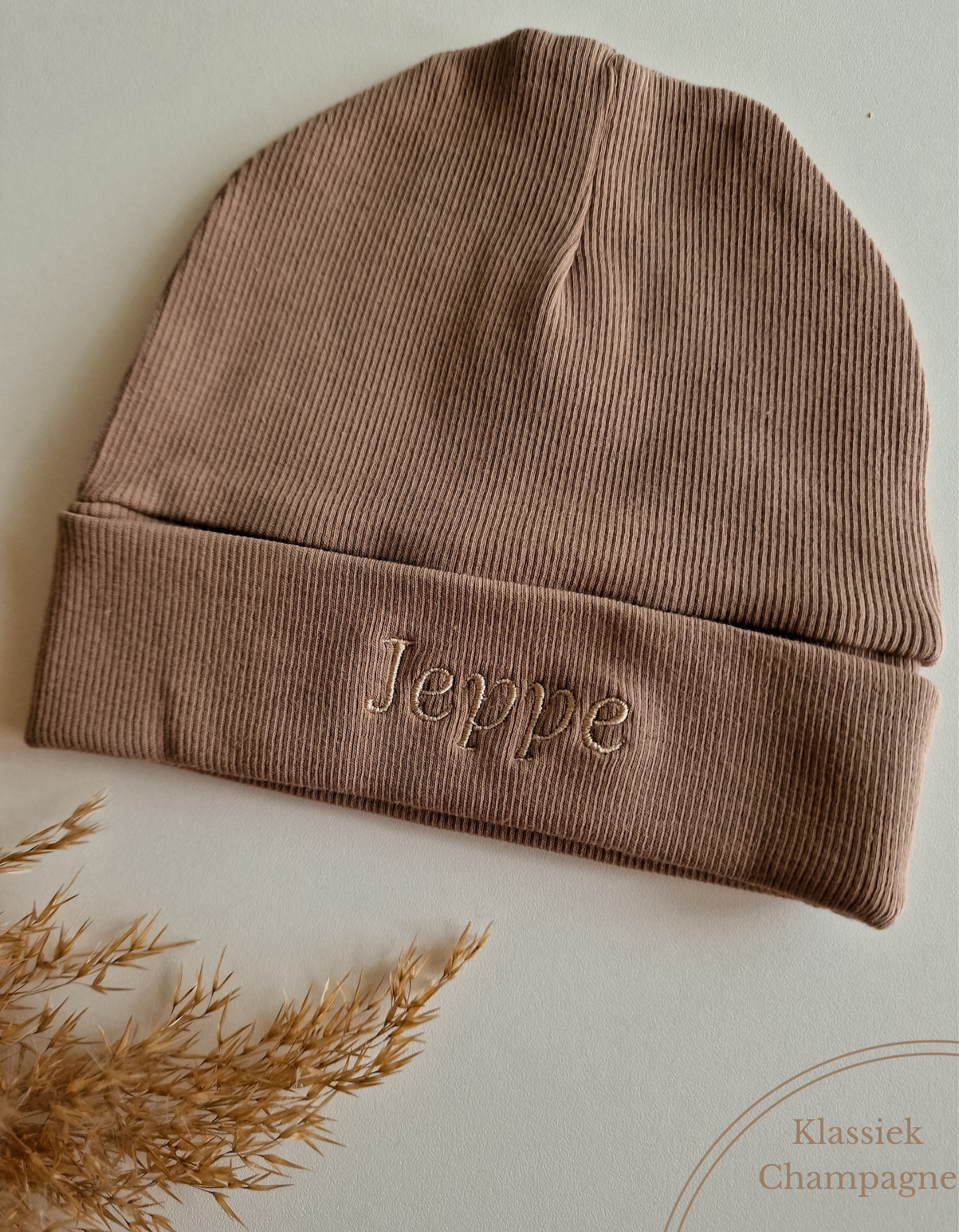 Babymuts met naam| Biologisch| Rib| Taupe