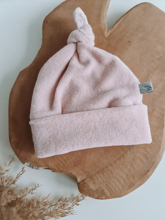 Baby knoopmuts met naam | Badstof roze
