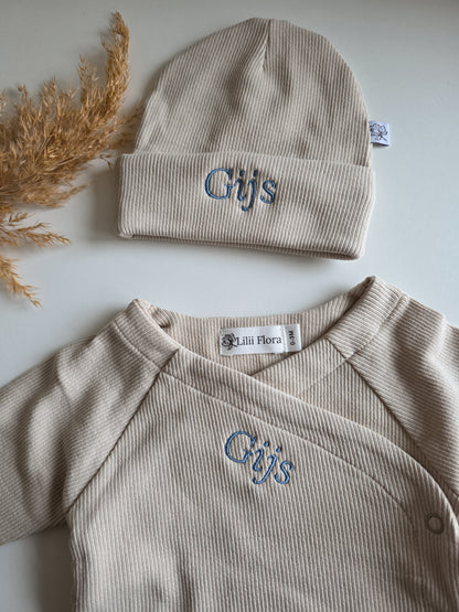 Geboorte pakje | Broekje met overslagshirt | Rib | Naturel