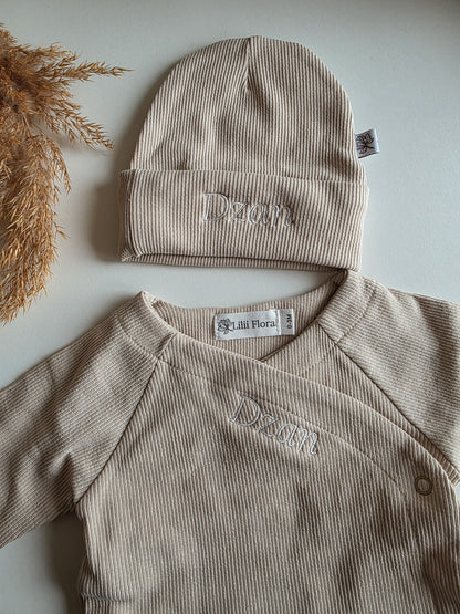 Geboorte pakje | Broekje met overslagshirt | Rib | Naturel