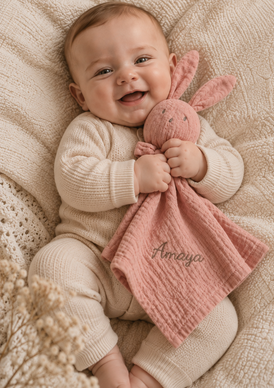 Rabbit cuddle cloth with name | Hydrofiel | Pink
