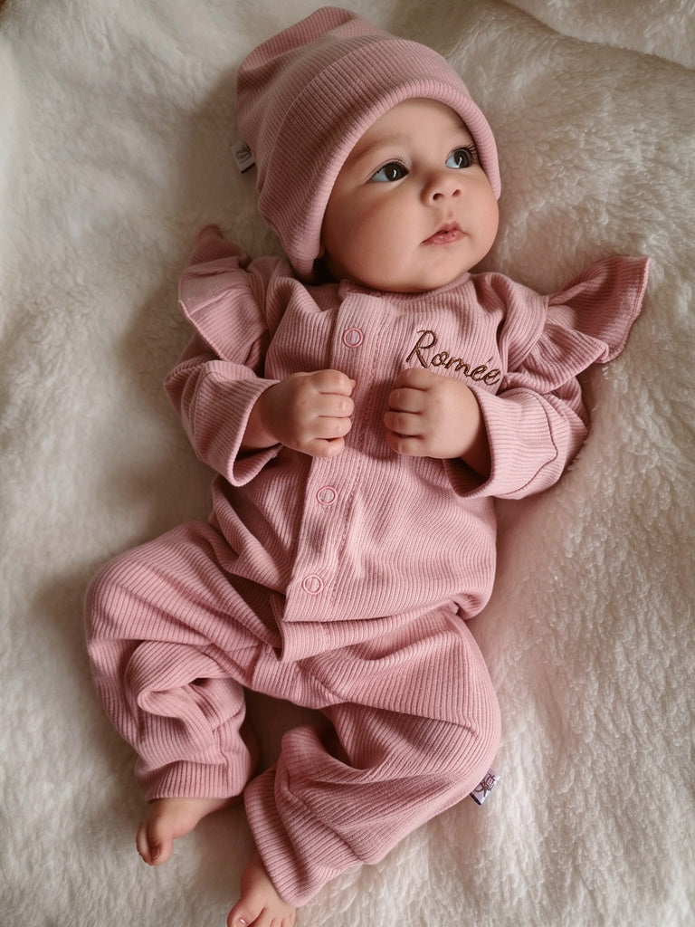 Boxpakje Ruffle met naam | Biologisch | Rib | Pink