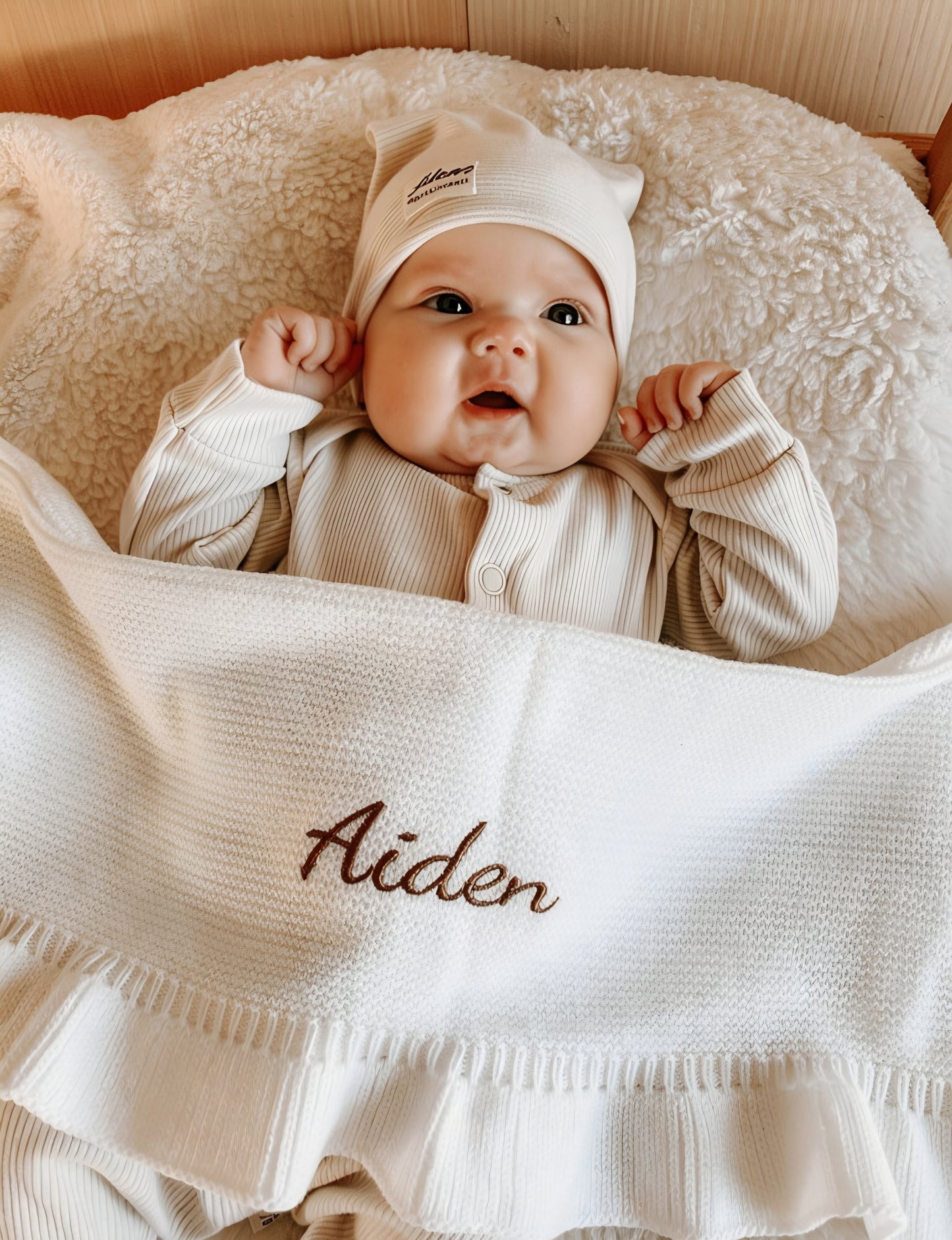 Ruffle deken met naam | Gebreid biologisch | Ecru