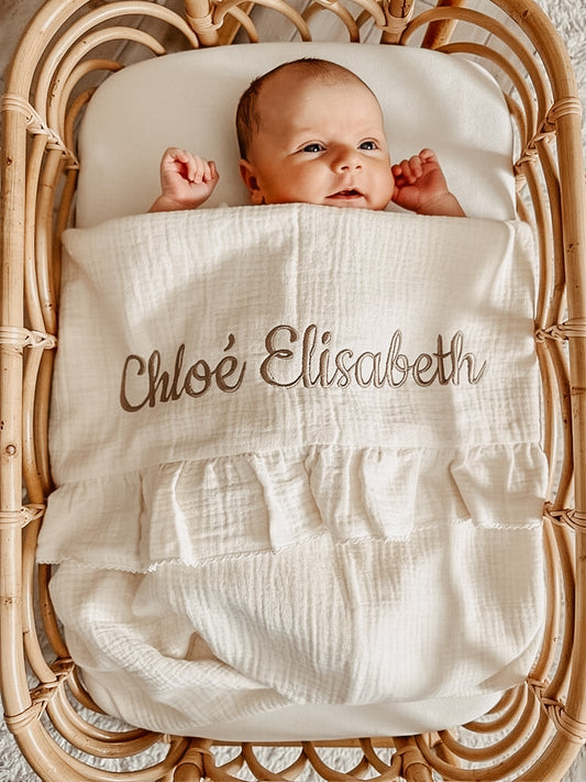 Grote XL Hydrofiele doek/ deken met naam | Luxe 4 laags | Ruffle Champagne