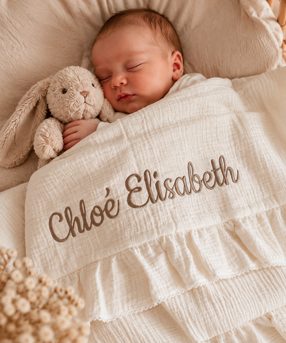 Grote XL Hydrofiele doek/ deken met naam optioneel | Luxe 4 laags | Ruffle Champagne