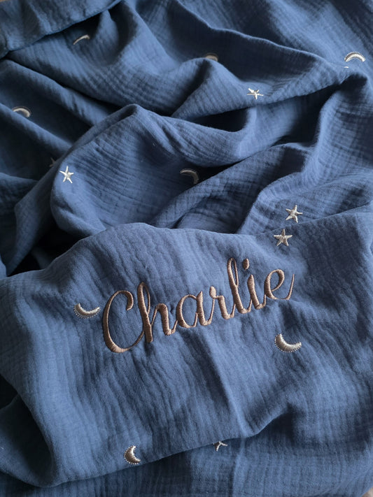 Hydrofiele doek met naam optioneel | Moon and Stars | Blue