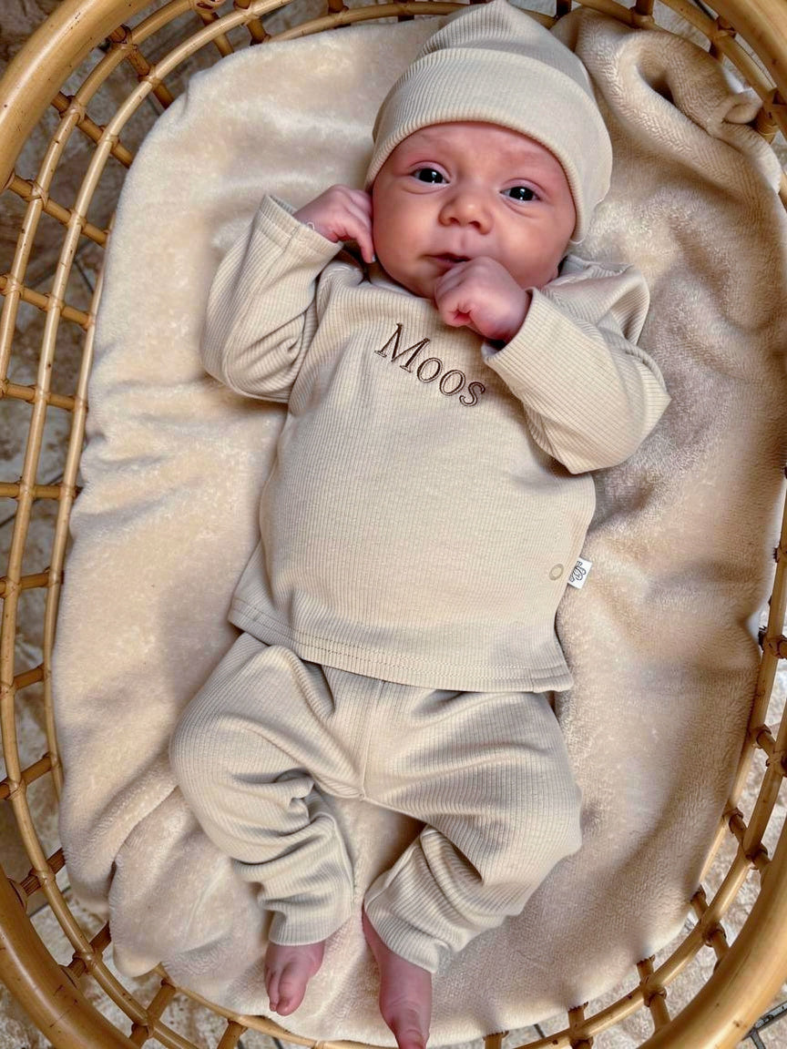 Geboorte pakje | Broekje met overslagshirt | Rib | Naturel
