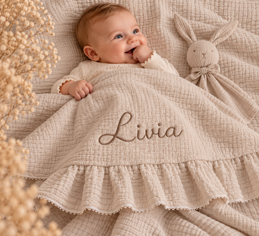 Grote XL Hydrofiele doek/ deken met naam optioneel | Luxe 4 laags | Ruffle Sandstone