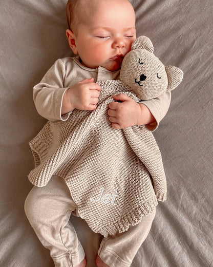 Knuffeldoekje BEER met naam | Gebreid biologisch | Cookie