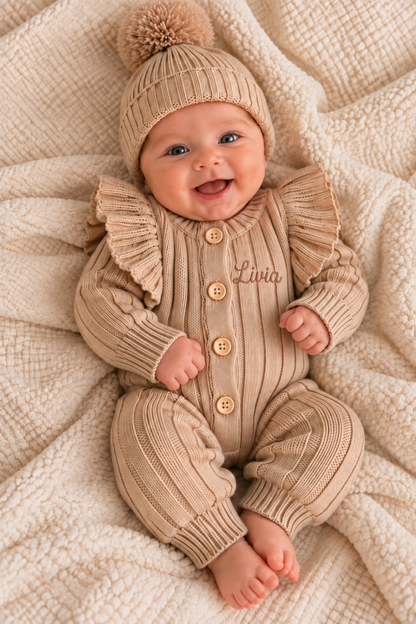 Ruffle romper with name | Organic Knit | Beige