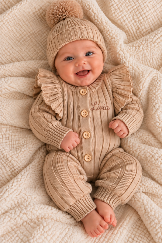 Boxpakje Ruffle met naam optioneel | Biologisch Gebreid| Beige
