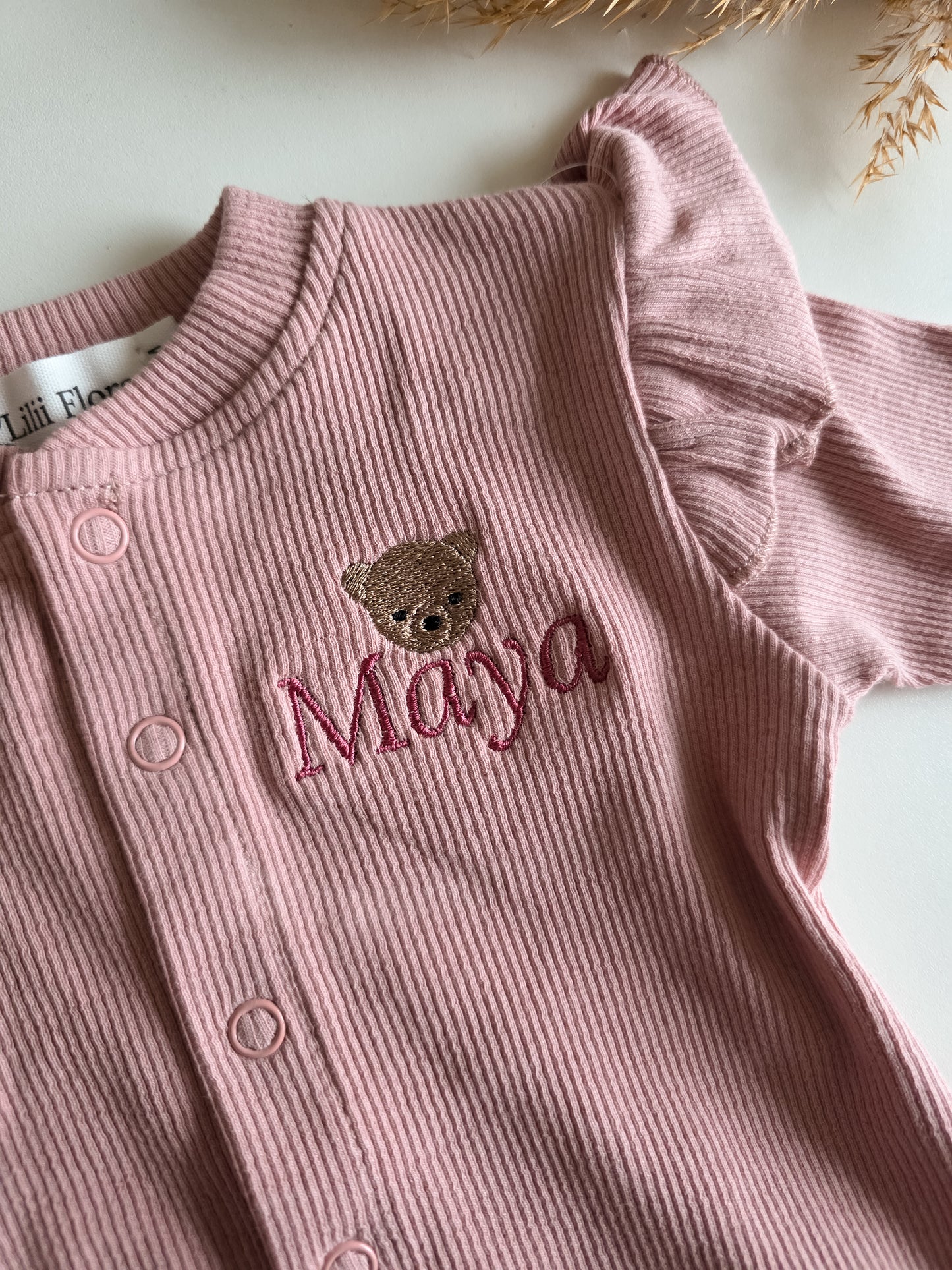 Ruffle romper with name | Organic | Rib | Pink