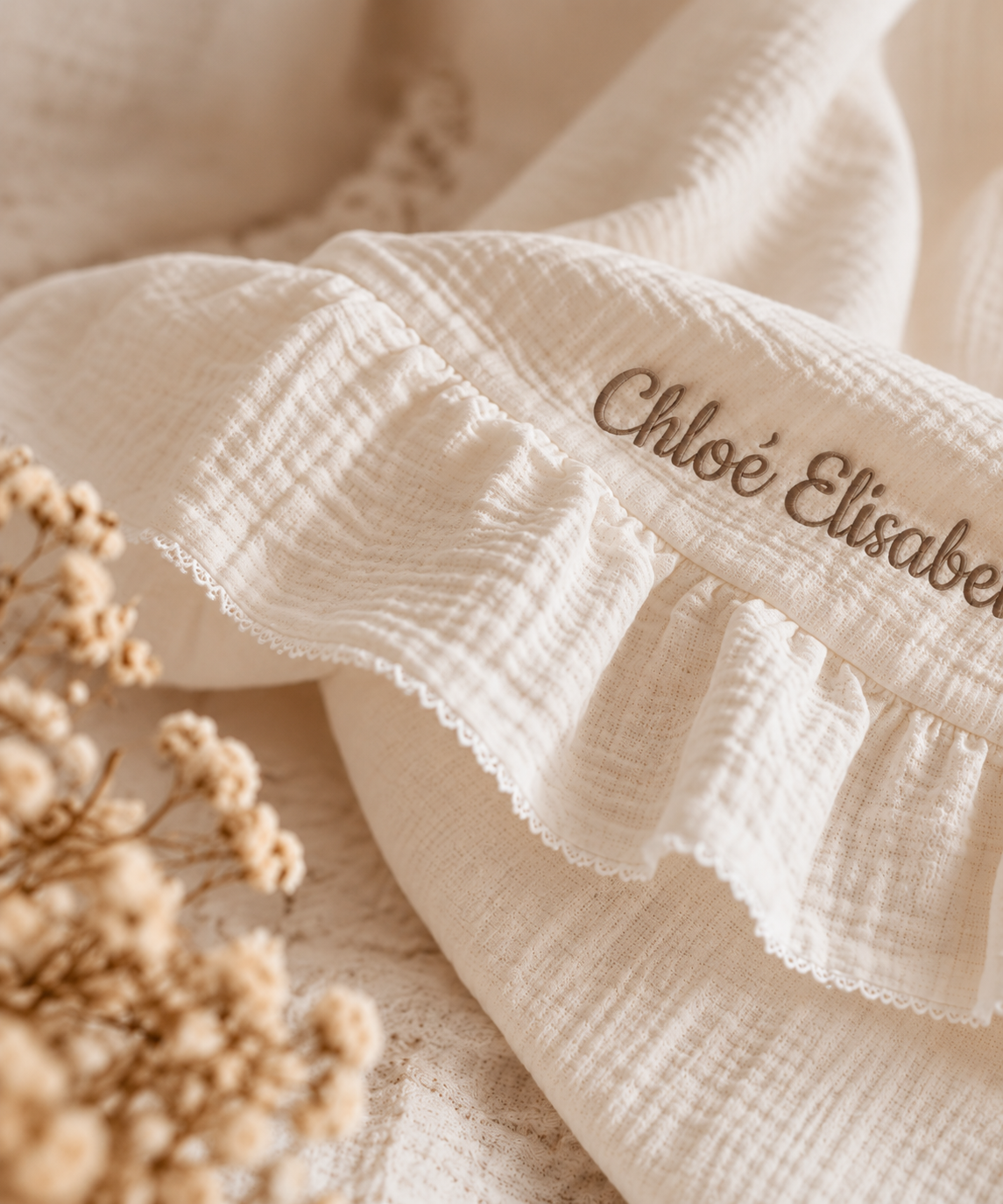 Grote XL Hydrofiele doek/ deken met naam optioneel | Luxe 4 laags | Ruffle Champagne