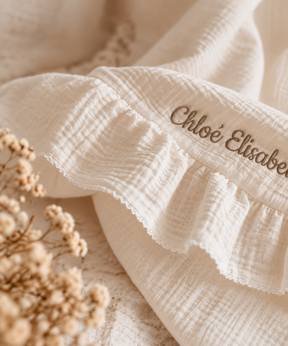 Grote XL Hydrofiele doek/ deken met naam optioneel | Luxe 4 laags | Ruffle Champagne