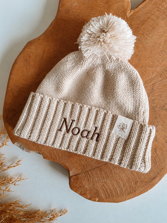Baby hat with name | Organic &amp; Knitted | Pompom | Beige