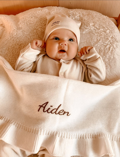 Ruffle deken met naam optioneel | Gebreid biologisch | Creme