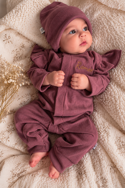 Boxpakje Ruffle met naam optioneel | Biologisch | Rib | Burgundy