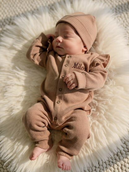 Babygrow with name | Organic | Ruffle Rib Walnut