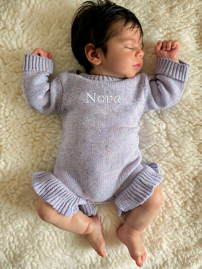 Romper met naam optioneel| Biologisch gebreid | Ruffle Purple dream