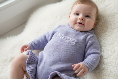 Romper met naam optioneel| Biologisch gebreid | Ruffle Purple dream