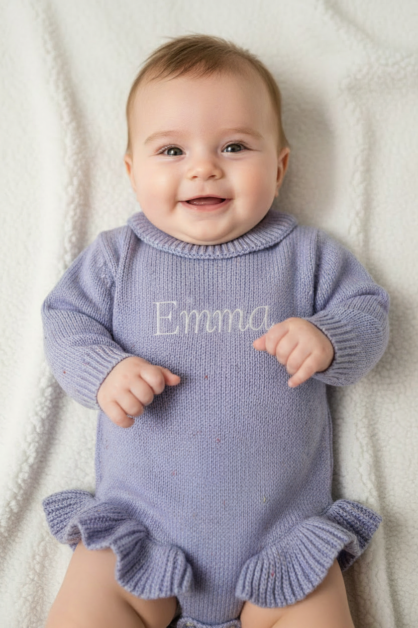 Romper met naam optioneel| Biologisch gebreid | Ruffle Purple dream