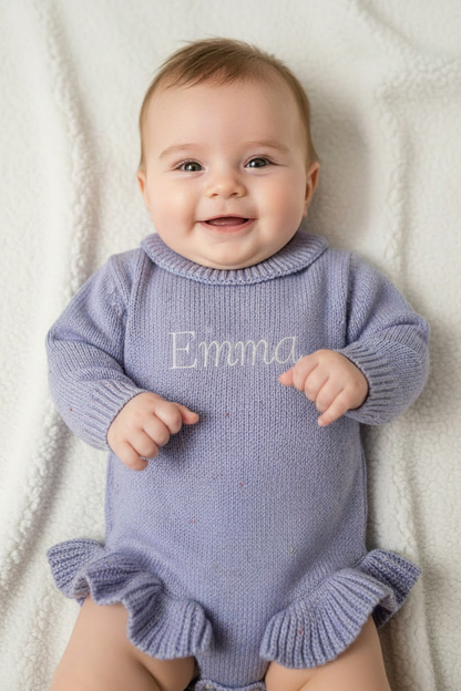 Romper met naam optioneel| Biologisch gebreid | Ruffle Purple dream