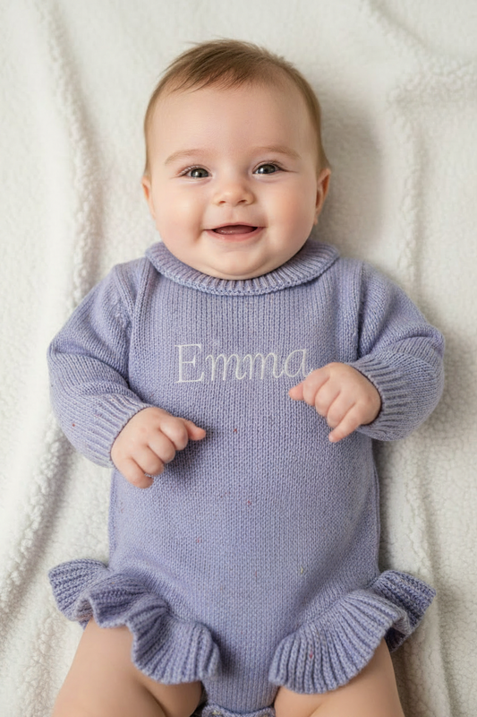 Romper met naam optioneel| Biologisch gebreid | Ruffle Purple dream